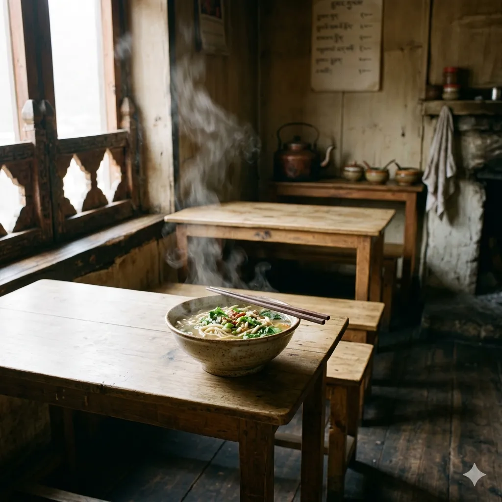 Rustic Bhutanese interior during monsoon