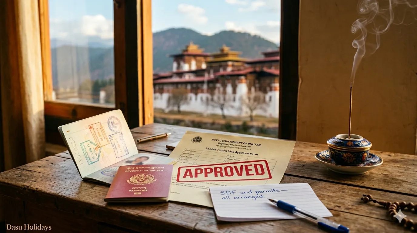 Bhutan visa permit with approved stamp and passport