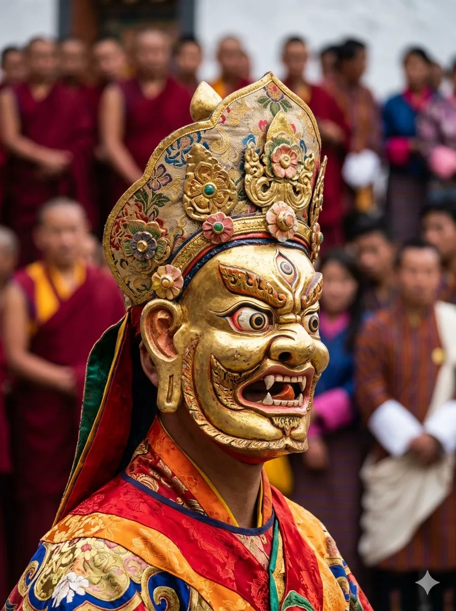 Cham dance performers at a Bhutanese dzong festival