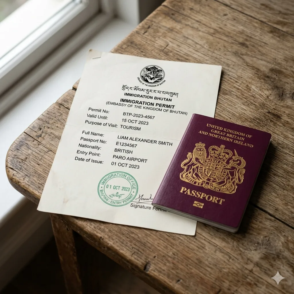 Bhutan immigration permit and passport on wooden desk