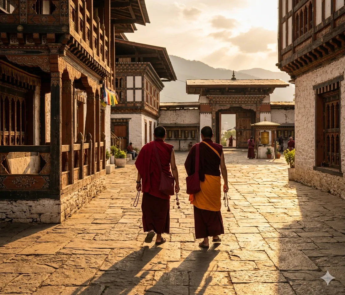 Two Bhutanese monks walking through a dzong courtyard at golden hour