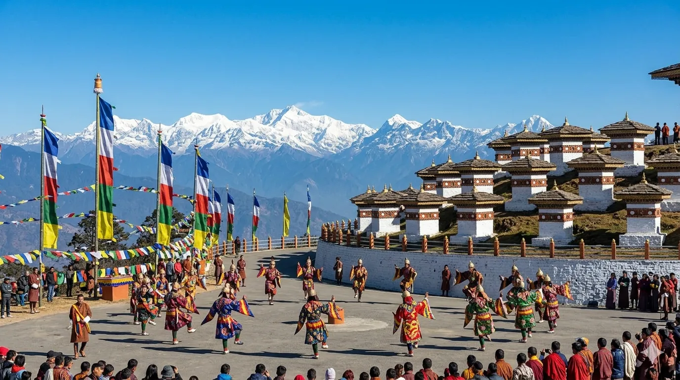 Druk Wangyel festival dancers at Dochula Pass with Himalayas