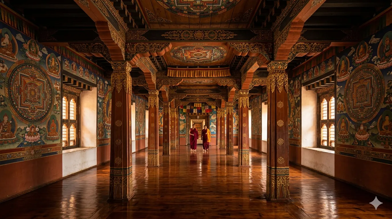 Butter lamps in a Bhutanese temple interior