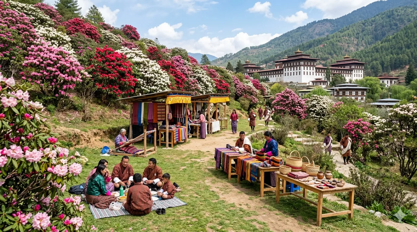 Rhododendron festival with blooming pink and red flowers