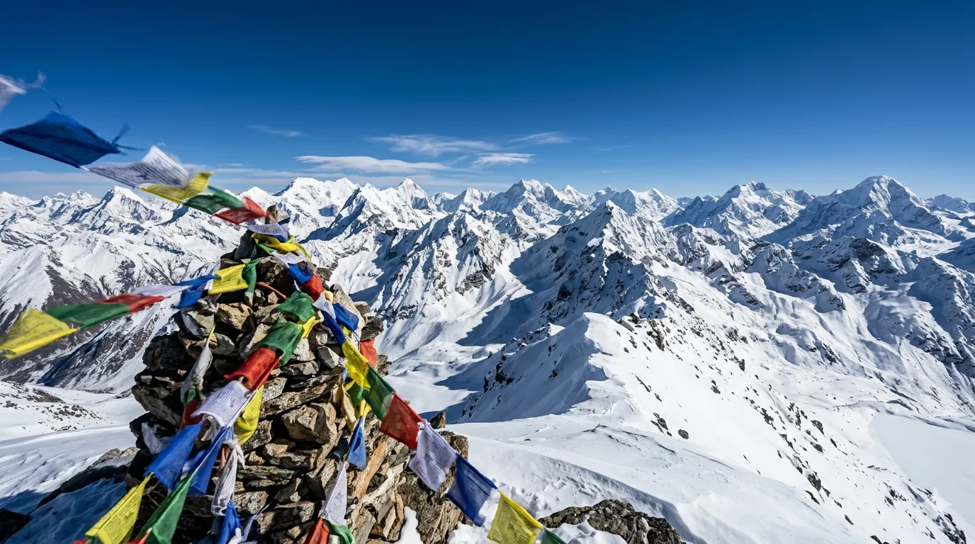 Himalayan peaks and prayer flags in winter